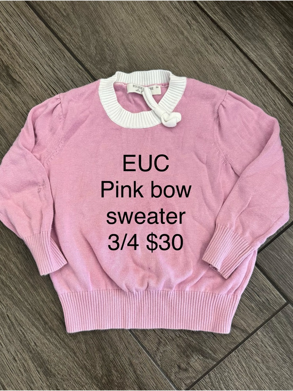 Girls' Pink Bow-Accent Sweater with Contrast Neck